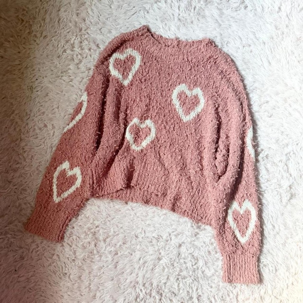 Soft Girl Hearts Fuzzy Oversized Textured Dolman Sweater Womens L Twee Girly Pop